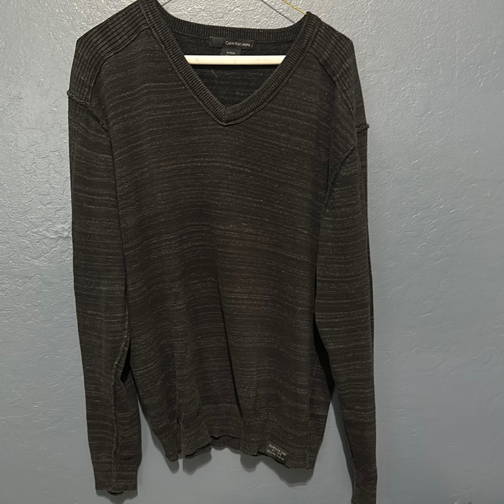 Calvin Klein Black V-Neck Sweater with Ribbed Texture